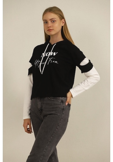 Gabria Kadın Kapşonlu Desenli Sweat Siyah (508950221)