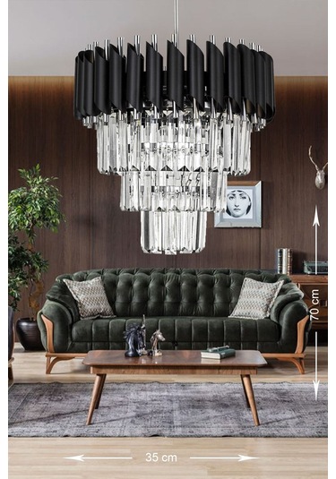 Palmira 35'lik Kristal Taşlı Lüks Avize - Siyah - Krom Siyah