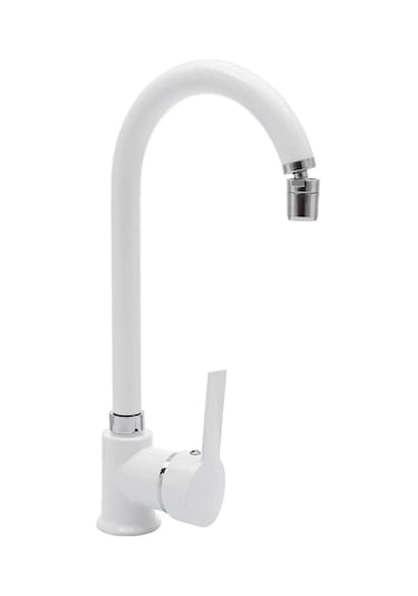 Beyaz Armatür Oynar Perlatörlü Mutfak Evye Bataryası 360 Derece Sıcak Soğuk Su Girişli Beyaz