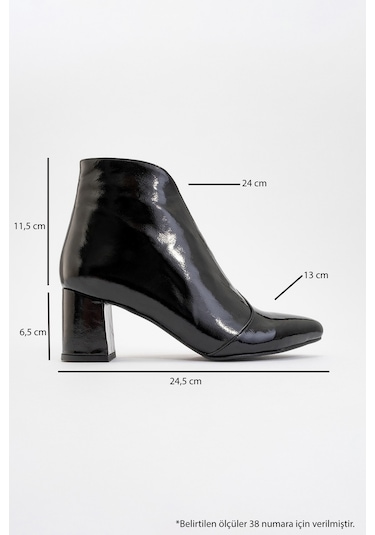 Finda Siyah Rugan Hakiki Deri Kadın Kalın Topuklu Bot Siyah Rugan