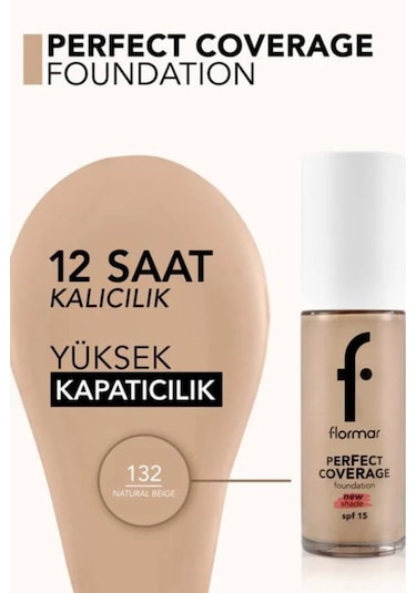 Flormar Perfect Coverage Yoğun Kapatıcı Su Bazlı Fondöten (Nötr Alt Ton) -132 Natural Beige -8682536070577