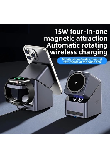 Topshop1 Gri 4ü 1 Arada Otomatik Donen Kablosuz Sarj Istasyonu Led Ekranli Masaustu Alarm Saati İphone 16 15 14 13 12 Serisi İwatch Uyumlu