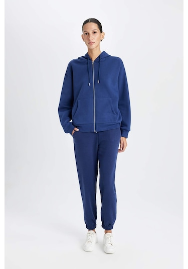 Defacto Relax Fit Kapüşonlu Cepli Basic Düz Fermuarlı Sweatshirt C1809AX24WNNV42 Lacivert