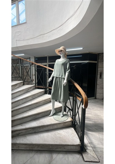 İtalyan Müslin Keteni Üstü File Bluzlu Astarlı Tek Parça Elbise-9256 Su Yeşili