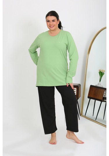 Akbeniz Kadın Büyük Beden Uzun Kol Penye Pijama Takımı Fıstık Yeşili 202408 Yeşil