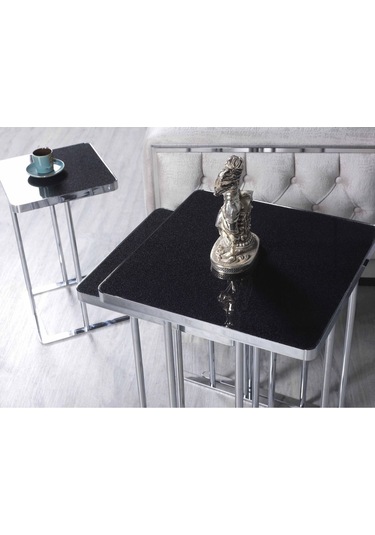 Premium Zigon Sehpa & Yan Sehpa 3'lü Kare Sehpa Hıgh Gloos Mdf Siyah Bronz Ayak