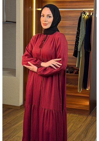 Bestenur Yarım Düğmeli Elbise 1689 - Bordo Bordo