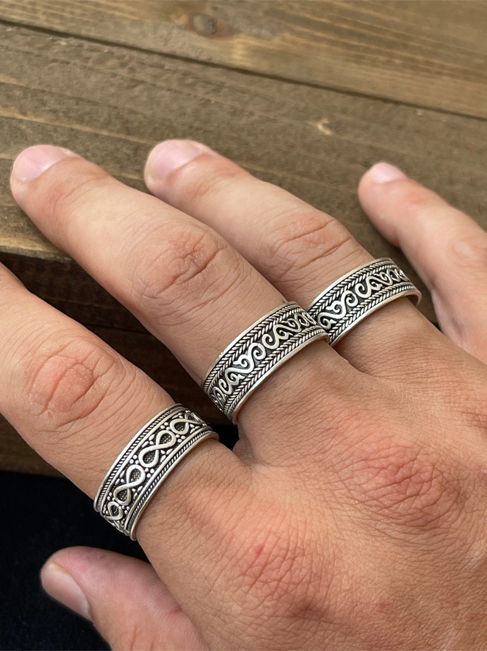 Ayarlanabilir Ölçü 925 Ayar Gümüş Kaplama Klasik Desen İşçilikli 3lü Tasarım Yüzük Platin