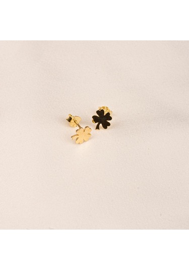 Altın Küpe - 14 Ayar Altın Minimal Yonca Yaprağı Küpe Sarı