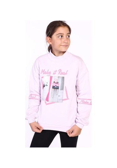 Toontoy Kız Çocuk Baskılı Taş İşlemeli Balıkçı Yaka Sweatshirt Açık Pembe