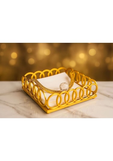 1 Adet Kare Cam Aynalı Plastik Gold Taşlı Peçetelik 18cm