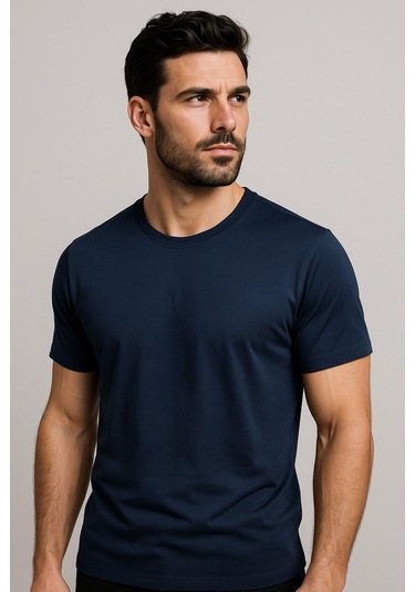 Erkek %100 Pamuk Slim Fit Sporcu Tişört Basic Bisiklet Yaka Kısa Kollu T-shirt Lacivert