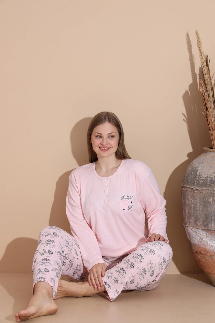 Lindros Kadın Pamuk'lu Düğme Yaka Raporlu İnterlok Kışlık Battal Pijama Takımı 05150p - 1 Adet Pembe