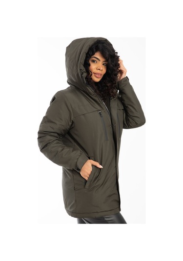 Kadın Haki Içi Polarlı Su Ve Rüzgar Geçirmez Kapüşonlu Kışlık Mont Haki