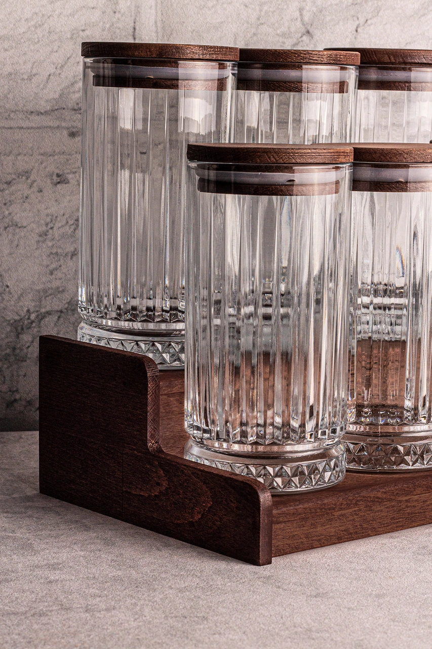 Mira 7 Parça Ahşap Vakumlu Kapaklı Standlı Cam Baharatlık Seti 450 Ml Çok Amaçlı Saklama Kabı Ahşap