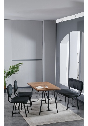 Elfin 70x110 Atlantik Yemek Masası, Yemek Masası Takımı, 2 Sandalye 1 Bench - Antrasit Antrasit