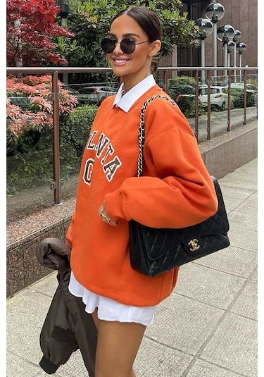 Modagen Kadın Bisiklet Yaka Turuncu Atlanta Baskılı Oversize Sweatshirt Turuncu