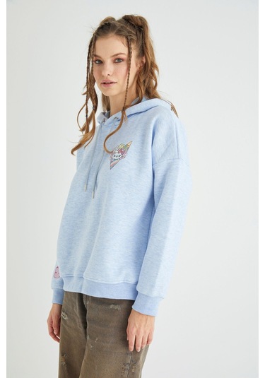 Hello Kitty Lisanslı Baskılı Kapüşonlu Kalın Mavi Sweatshirt Renkli