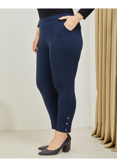 Scuba Yanlardan Cepli Önü Dikişli Paçası Çakmalı Beli Lastikli Büyük Beden Pantolon Lacivert