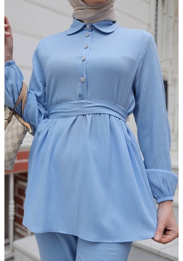 Taş Düğme Detaylı Takım Bebe Mavisi Bebemavisi Bebek Mavisi