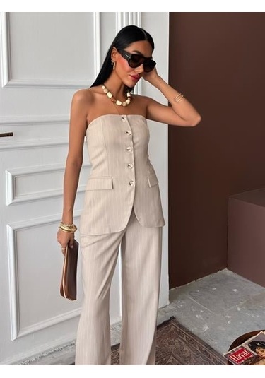 Straplez Büstiyerli Plazzo Pantolonlu Çizgili Takım 10151 Bej