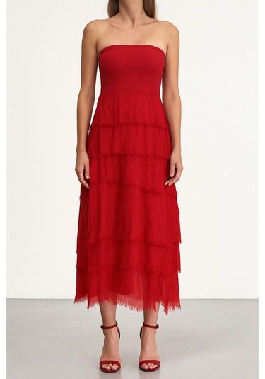 İtalyan 2 Beden Ince Gösteren Kat Kat Ipek Etek & Straplez Elbise Kırmızı