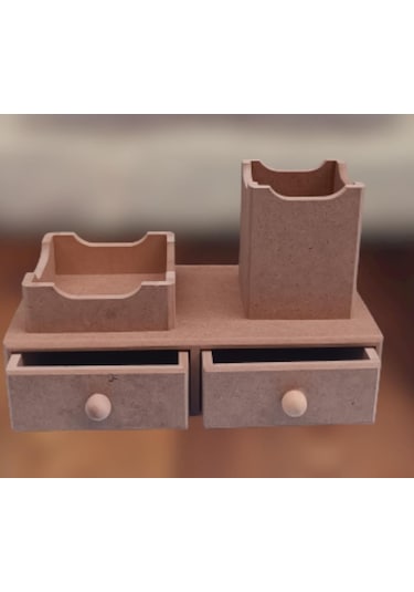 Hobi Dekoratif Kalemlik Set İkili Model Ham Mdf Ahşap Çekmece El Yapımı