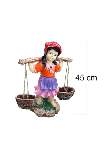 M3 Gerçek Gibi Saksılı Sepetli Yoğurtçu Testili Kız 55 Cm Ev Heykeli Kırmızı