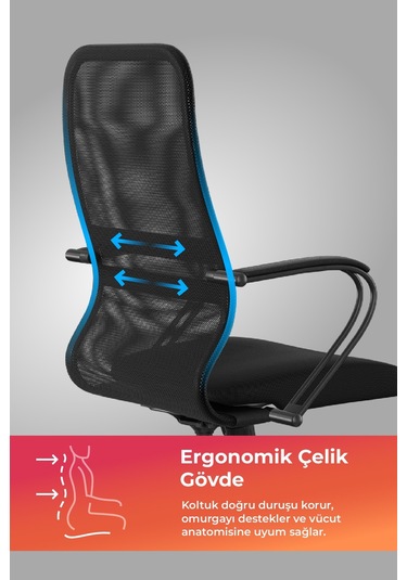 Ergolife Sit 8 Ofis Koltuğu Krom Ayaklı, Tekerlekli, Siyah, Bilgisayar Sandalyesi - 411.58.1.222 Siyah