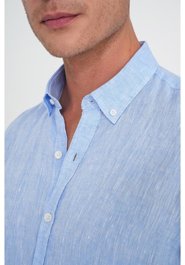Comfort Fit Düğme Yaka Katlanır Kol %100 Keten Düz Mavi Gömlek G 1595 Mavi