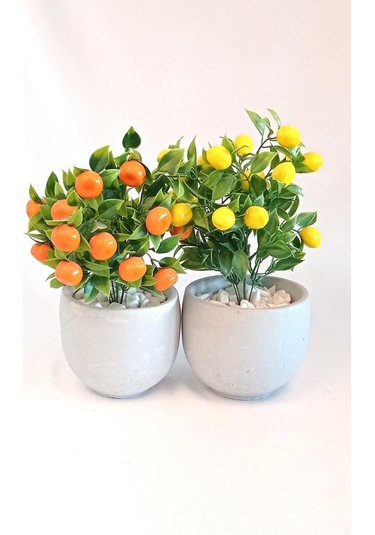 Yapay Ağaç Beton Saksıda Dekoratif Limon Ve Portakal Ağacı Tanzimi Turuncu-sarı-beyaz