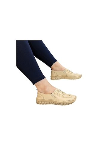 Voyager 9871 Bej Hakiki Deri Boncuklu Bayan Ayakkabı Bej