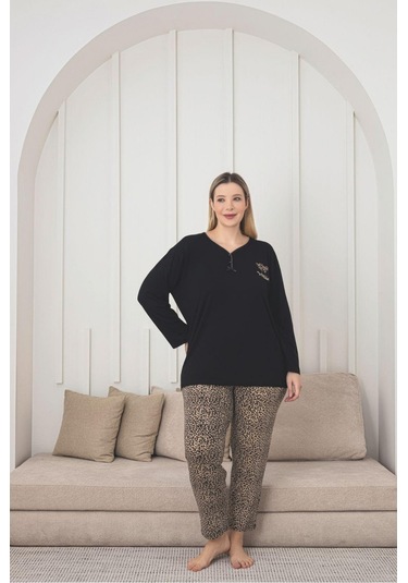 X-dreamy Büyük Beden Viskon Desenli Uzun Kollu Pijama Takımı Leopar