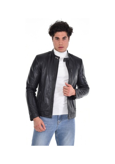 Hakiki Deri Siyah Erkek Deri Mont Hakim Yaka Çift Fermuarlı Üç Cepli Deri Ceket Siyah