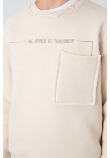 Tommy Life Bej Pamuklu Kalın İçi Tüylü Yumuşak Dokulu Standart Fit Baskılı Erkek Çocuk Eşofman Takım - 11257 Bej