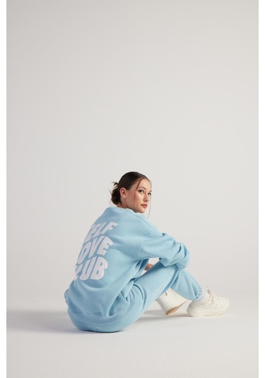 Holly Lolly Kadın Mavi Oversize Şardonlu Yazı Baskılı Fluffy Sweatshirt