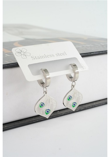 Kadın 316l Çelik Kararmaz Mineli Tüy Figürlü Küpe Seti - Gümüş