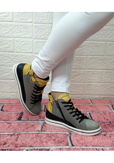 Voyager 8498 Gri-Sarı Hakiki Deri Kaymaz Taban Fermuarlı Bağcıklı