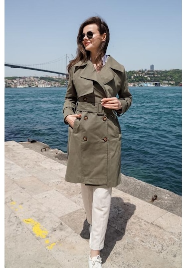 Pastelastore %100 Pamuk Gabardin Midi 95cm Astarlı Kemerli Kadın Trençkot 1113 Haki
