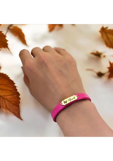 Archin İpek İsmine Özel Kelebek Figürlü 14 Ayar Altın Plakalı Doğal Pembe Derili Hediye Bileklik-651isim İpek