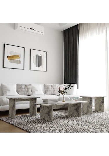 Olive 3'lü Orta Zigon Sehpa Takımı Frezya Mermer Desenli Mermer Desenli