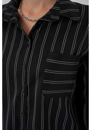 Gabria Çizgili Tek Cep Gömlek Siyah