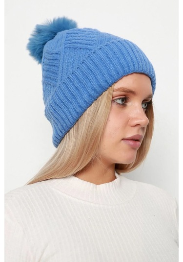 Kalın Ponponlu İçi Yünlü Kadın Bere Rkş-17 Mavi Mavi