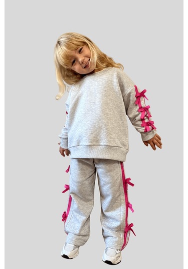 3-10 Yaş Fiyonklu Kız Çocuk Eşofman Takımı Gri Gri