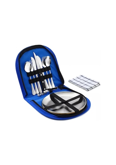 Tcherchi 10 Parça Kamp Sofra Seti Piknik Çatal Bıçak Takımı Mavi Çanta Gümüş Renk Set Mavi