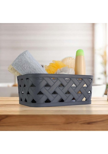 Deri Desenli Özel Tasarım Çok Amaçlı Düzenleyici Dekoratif Sepet - Antrasit Antrasit