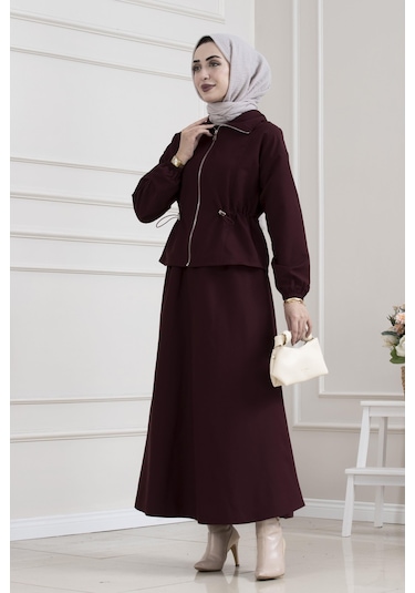 Sevitli Beli Tünelli Fermuarlı Etekli Takım-bordo-5627 Bordo