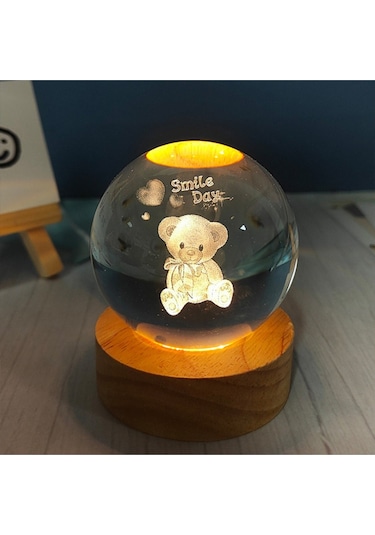 Mobgift Sevimli Ayıcık Tasarımlı Ahşap altlıklı Işıklı Cam Küre Ahşap
