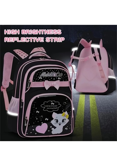 Dream011 Sevimli Çizgi Film Kedi Desenli Siyah Küçük İlkokul Çantası 1-6 Sınıflar İçin Kız Ve Çocuk Ultra Hafif Büyük Kapasiteli Siyah