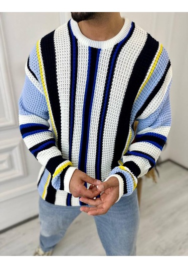 Kazak Oversize Renkli Örgü Desenli Naturel Pamuk Bol Kesim Salaş Triko Kazak Mavi